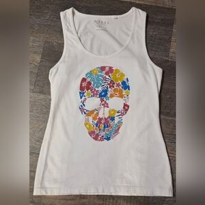 White Tank Top with Floral Skull Design